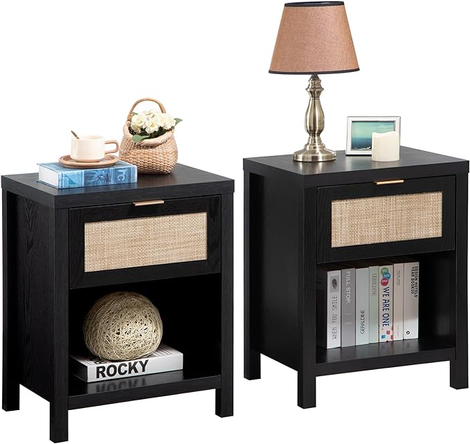 SICOTAS Black Rattan Nightstands Set of 2 with Drawer | Farmhouse Bedside Table with Storage, 19.7" Modern Bed Side Table for Bedroom, Small Space, Black Oak