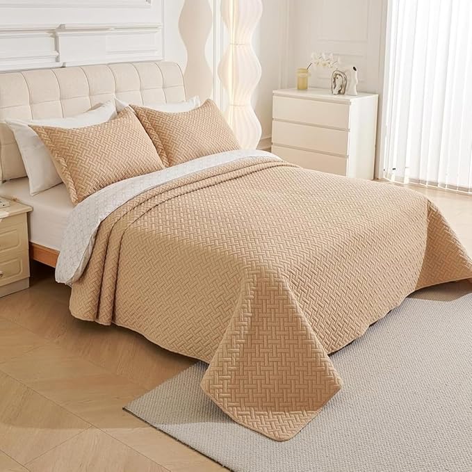 Legacy Decor Bedspread Coverlet 3 Pcs Set Oversized 100" W x 106" L Queen Size Beige Color