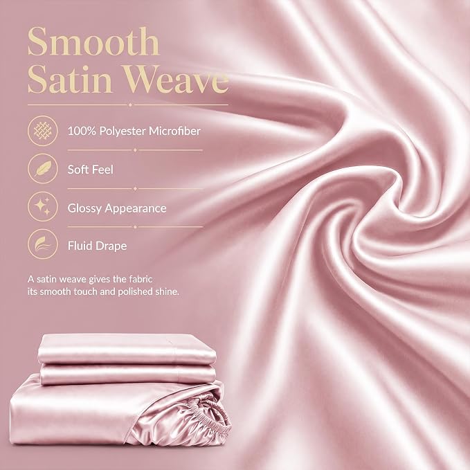 CozyLux Satin Sheets Queen, 4-Piece 14-Inch Deep Pocket Sheet Set | OEKO-TEX Certified Silky Soft Sheet Set for Hair & Skin, Luxurious Silky-Smooth Satin for Elegant Bedroom Decor, Dirty Pink