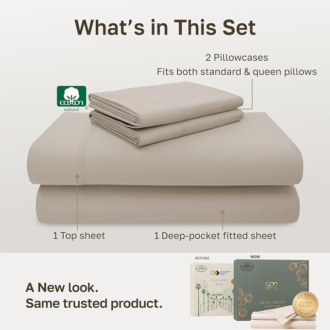 California Design Den 600 Thread Count Full Bed Sheets Set, Soft Linen | 100% Cotton Sateen Backed by Good Housekeeping Seal, Soft & Smooth, 16" Deep Pocket, All-Around Elastic, Durable, Easy Care