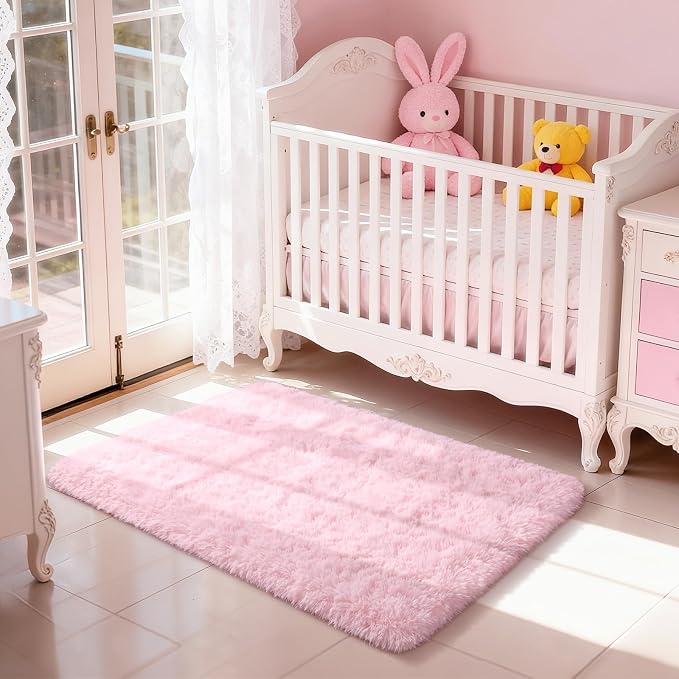 Soft Fluffy Rugs Pink Girls Bedroom Nursery Rug, 2x4 Small Shaggy Non-Slip Bedside Rug for Dorm Kids Room Carpet, Plush Furry Area Rugs Livingroom Accent Floor Indoor Holiday Decor