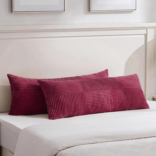 Fancy Homi Set of 2 Burgundy Boho Long Lumbar Body Decorative Throw Pillow Cover 14x36 Inch for Bed Couch Bedroom Bench, Soft Patchwork Corduroy Textured Pillow Case, Rustic Farmhouse Room Décor