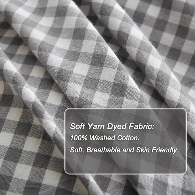 Silnuo Gray/White Gingham Plaid Ruffle 3-Piece Duvet Cover Set King Size | 100% Washed Cotton Shabby Gingham Plaid Bedding Set Farmhouse Comforter Set(King,Gray/White)