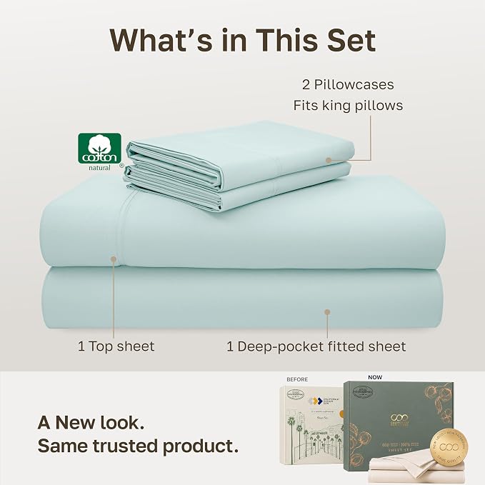 California Design Den 600 Thread Count Cotton Sheets California King, Aqua | 100% Cotton Sateen Backed by Good Housekeeping Seal, Soft & Smooth, 16" Deep Pocket, All-Around Elastic, Easy Care, 4 Pc Set