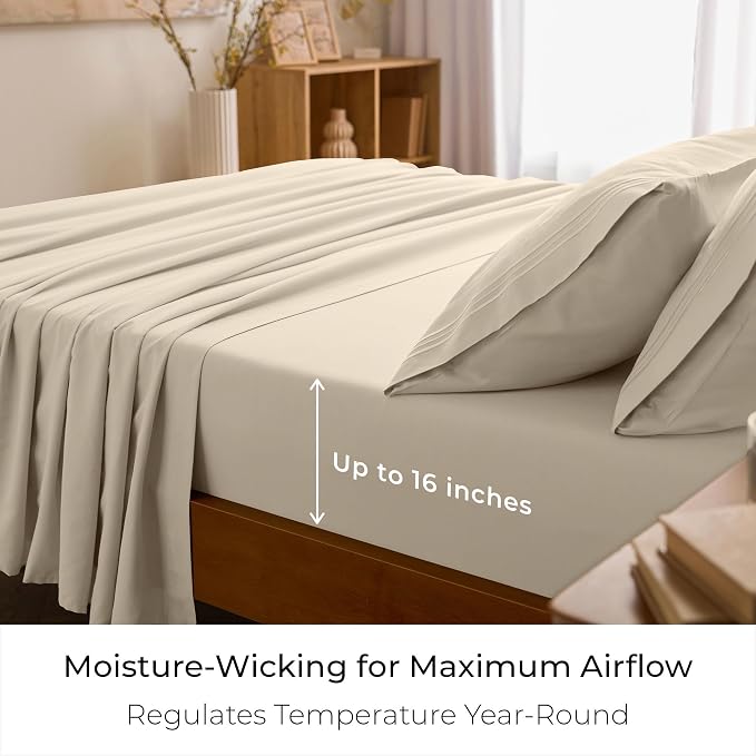 Mellanni Queen Sheets Set - 4 PC Iconic Collection Bedding | Hotel Luxury, Extra Soft, Cooling Bed Sheets - Wrinkle, Fade, Stain Resistant (Queen, Beige)