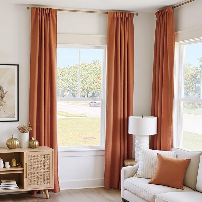 INOVADAY 100% Blackout Linen Curtains for Bedroom 50x96 Inches Burnt Orange | Linen Textured, Light Blocking, Room Darkening, Thermal Insulated, Back Tab Top, Window Curtains for Living Room, 2 Panels