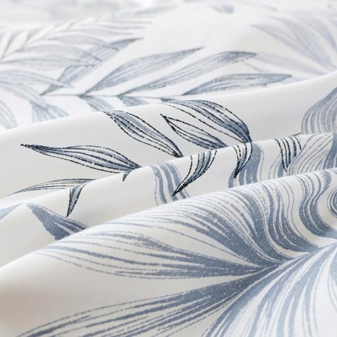 OAITE Queen Duvet Cover Set 3pcs 100% Cotton with Light Blue Tropical Leaf | Soft, Breathable,Long-lasting,Comfort,Hidden Zipper,8 Corner Ties,Easy Care for All Season