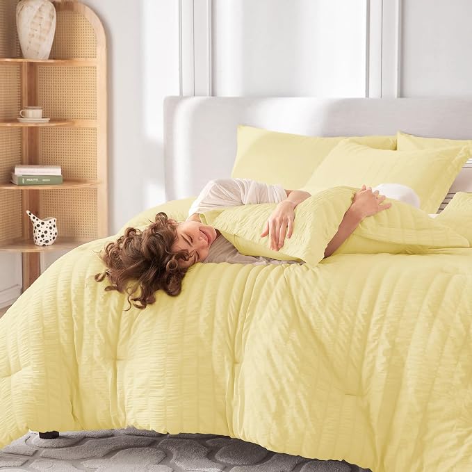 7 Pieces California King Comforter Set, Seersucker Bed in a Bag Cal King Size, All Season Luxury Bedding Set with Comforter, Flat Sheet, Fitted Sheet, Pillowcases & Shams, Yellow