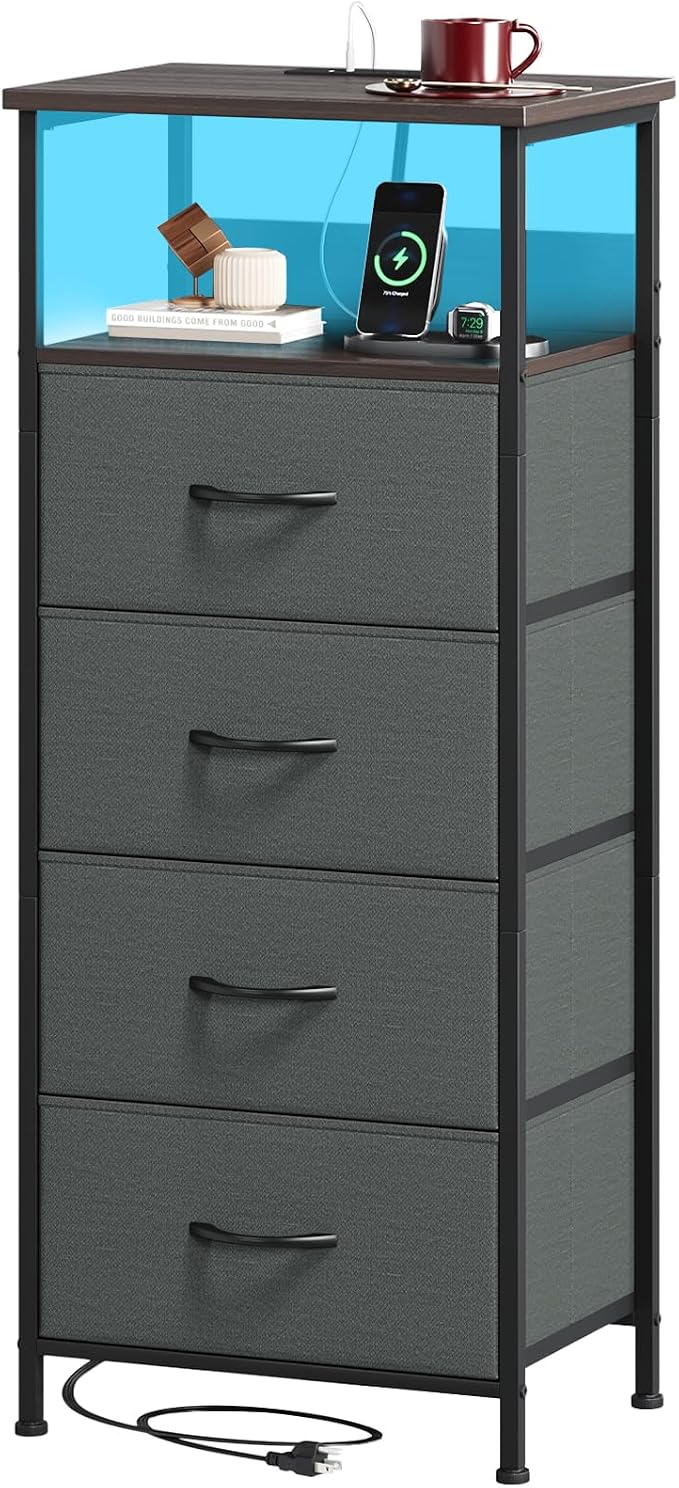 Somdot Tall Nightstand with 4 Drawers, Charging Station & LED Light | Fabric-Bin Dresser for Bedroom, Bedside, Kids Room, Dorm, Closet, Laundry and Entryway, Charcoal Grey