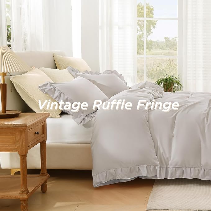 Andency Linen Ruffle Duvet Cover Queen, Shabby Chic Farmhouse Bedding Set | 3 Pieces Soft Washed Polyester Vintage Ruffled Comforter Cover Set with Zipper Closure & Corner Ties, 90x90Inch