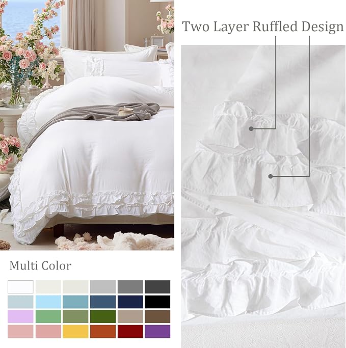Bedorm White Ruffle Duvet Cover Twin Shabby Chic Bedding Set Pleat Ruffled Farmhouse Pure White Comforter Cover Extra Soft & Easy Care Boho Duvet Cover Set