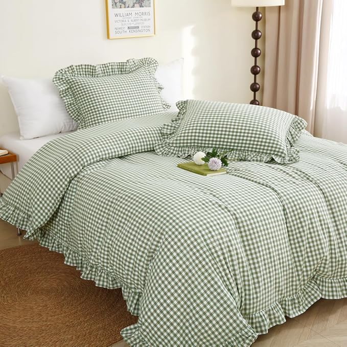 Silnuo Sage Green/White Gingham Plaid Ruffle Duvet Cover Queen Size | 100% Washed Cotton 3 Pcs Vintage Checkered Chic Farmhouse Bedding Set Comforter Cover Set (Queen,Sage Green/White)