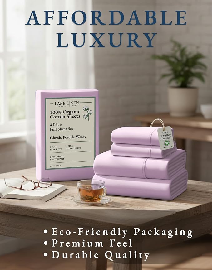LANE LINEN Full Size Sheets 100% Organic Cotton Cooling Soft - Orchid Petal | 100% Organic Cotton Percale Full Sheet Set - Easy-Care Machine Washable, Breathable For Year-Round Sleep, For Hot Sleepers