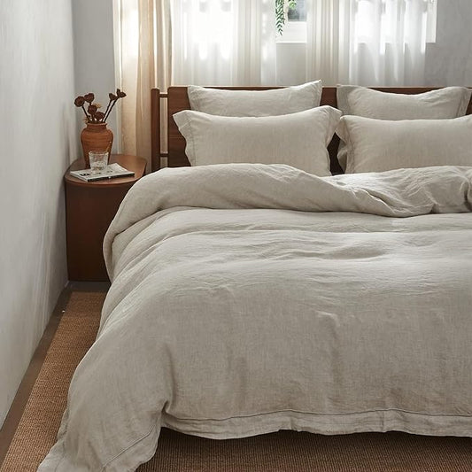 Simple&Opulence 100% French Linen Duvet Cover Set with Embroidered,3 Pcs Washed Soft Farmhouse Bedding Set with Button Closure,1 Comforter Cover and 2 Pillowshams(California King,Natural Linen)
