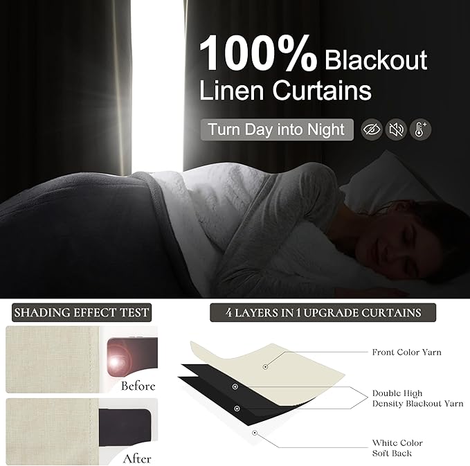 Room Darkening Bedroom Cream Curtains 96 Inches Long 2 Panels Set, Blackout Flax Linen Pleated Drape Thermal Soundproof Heavy Curtain with Back Tab Rod Pocket for Dining Room 50x96 Inch Large Window