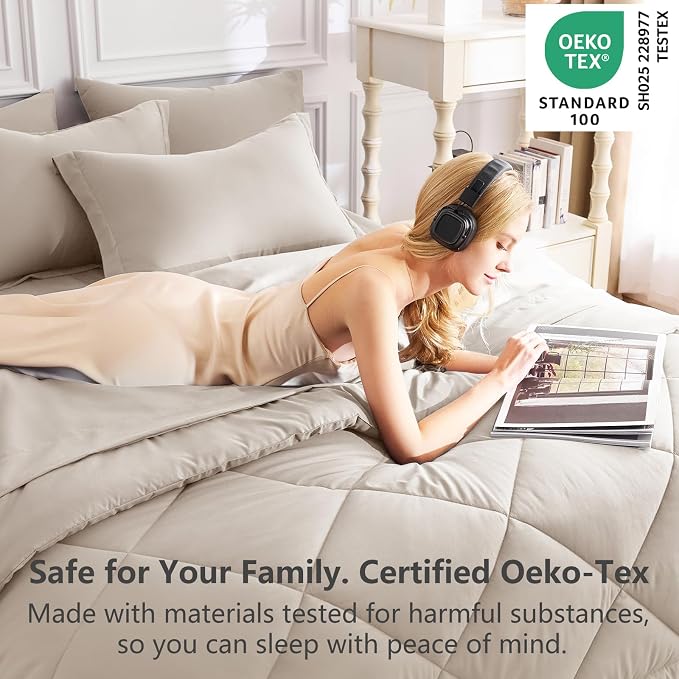 King Size Comforter Set Linen - 7 Pieces Complete Bedding Set | OEKO-TEX Certified, All Season, 240GSM Down-Alternative Comforter, Sheets, Pillowcases & Shams, 14" Deep Pocket, Easy Care