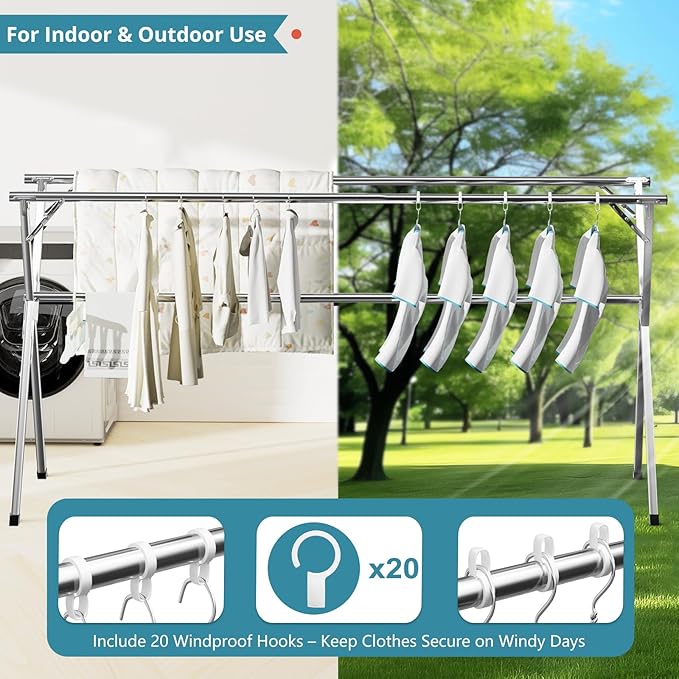 JAUREE 79" Clothes Drying Rack, Drying Rack Clothing Folding Indoor Outdoor | Heavy Duty Stainless Steel Laundry Rack, Foldable Portable Large Clothes Rack Garment Rack with 20 Windproof Hooks