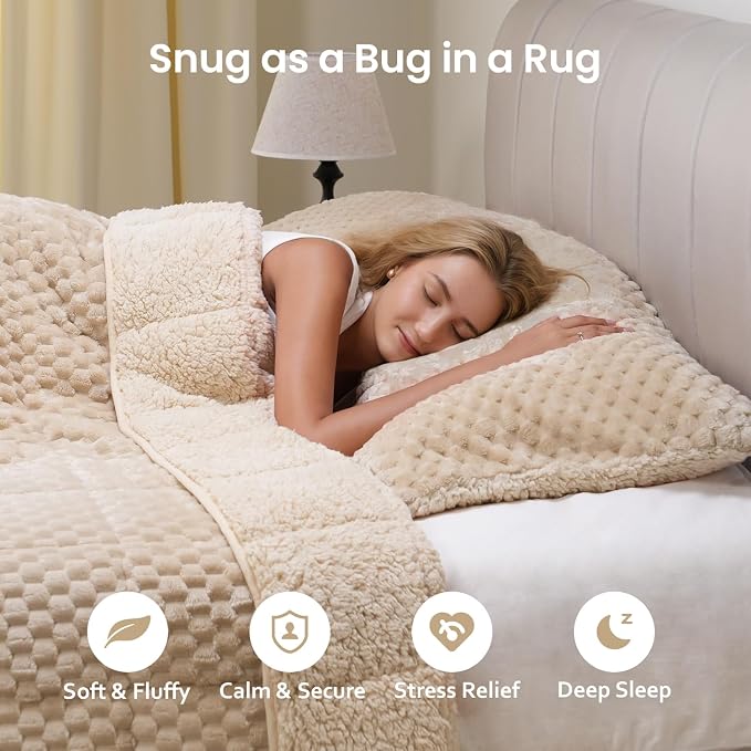 Drewin Weighted Blanket Twin Size for Adults 15lbs,Beige,48 x 72 inches | Great for Sleep Natural and Relaxing，Soft Jacquard Sherpa with Glass Beads，Cozy Heavy Throw Blankets，Machine Washable