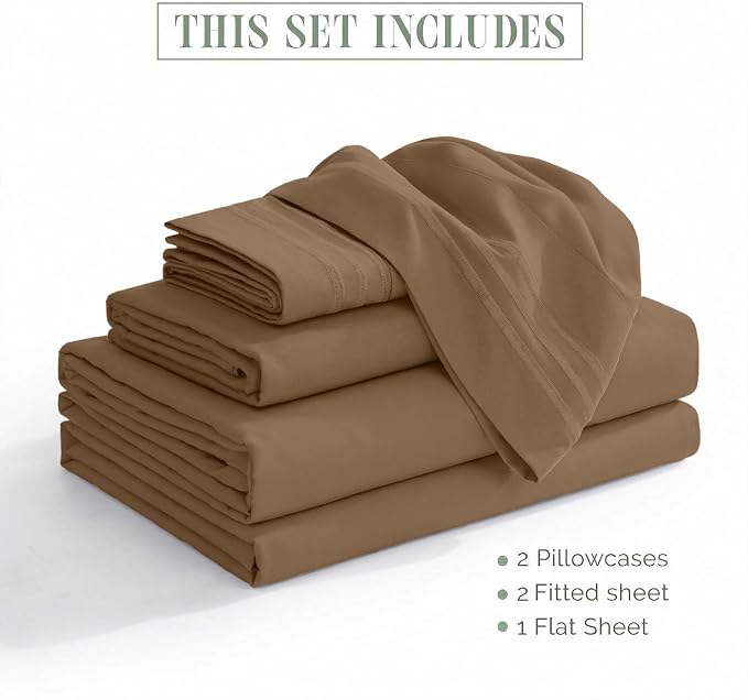 Elegant Comfort Luxurious 1500 Premium Hotel Quality Microfiber Three Line Embroidered Softest 5-Piece Bed Sheet Set, Wrinkle and Fade Resistant, Split King, Taupe