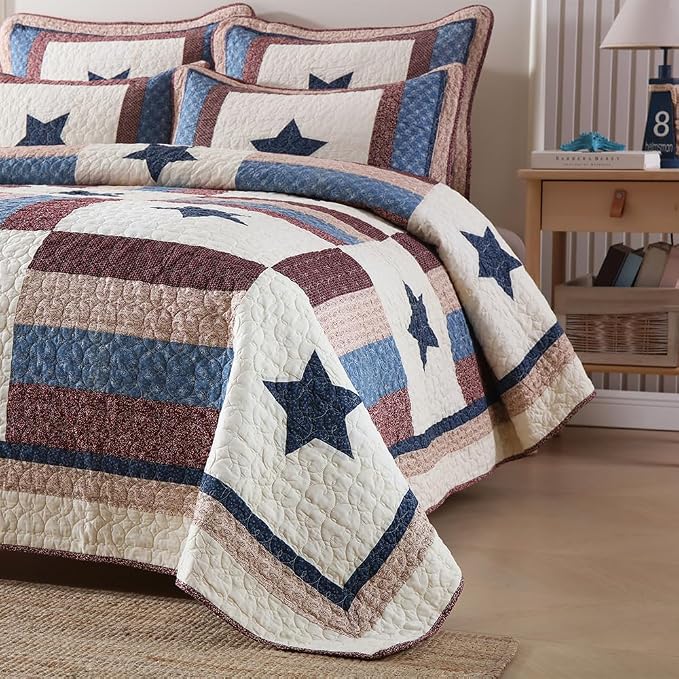VISIMISI Cotton Bedding Quilt Sets 3 Pieces Reversible Coverlet Sets All Season Boys Real Patchwork Bedspread,Star Pattern,Queen Size | Breathable material