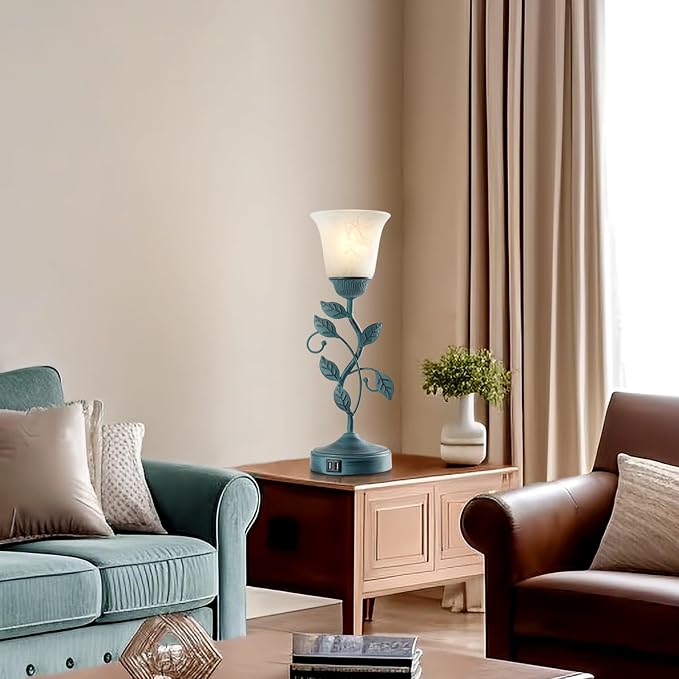 Vintage Touch Table Lamp for Living Room with 2 USB C+A Ports | 3-Way Dimmable Nightstand Lamp, Farmhouse Rustic White Glass Shade Leaf Desk Lamp for Bedroom End Table, LED Bulb Included