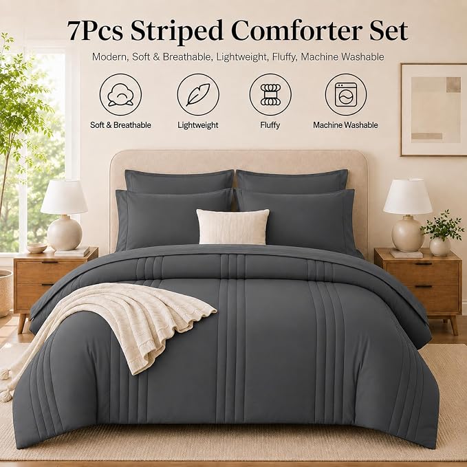 King Comforter Set Dark Grey - Bed in a Bag King Size 7 Pieces, Soft Bedding Set for All Seasons, Premium King Comforter Set with Comforter, Sheets, Pillowcases & Shams