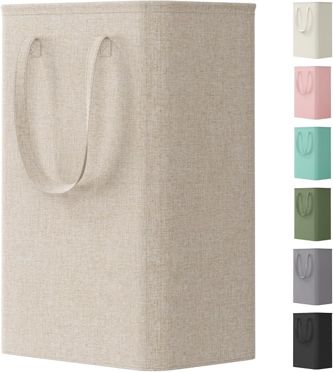 Lifewit Slim Collapsible Laundry Basket with Handles, 50L, Beige | Narrow Laundry Hamper for Dirty Clothes, Tall Thin Laundry Bin, Small Clothes Hamper for Bathroom, Bedroom, RV, Dorm