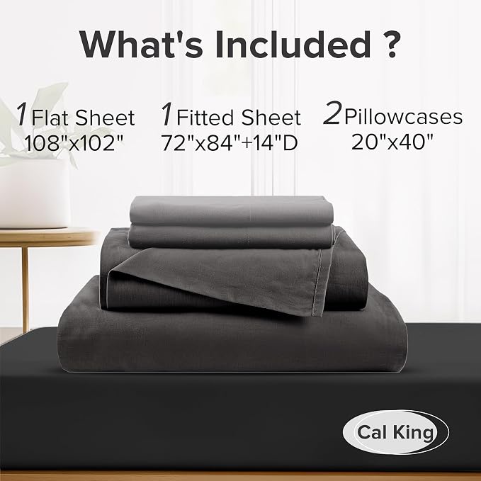 Comfort Spaces 100% Cotton Percale Sheets Cal King Sheet Set 4 Pcs, Black | Crisp, Cool & Breathable Bed Sheets, 14" Deep Pocket Fits Up to 16" Mattress, Lightweight, All Season Cozy, with Pillow Case