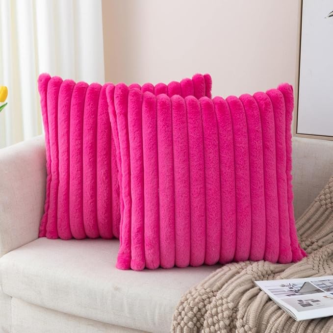 ZLINA Hot Pink Striped Faux Fur Throw Pillow Covers 20 x 20 Inch | 2‑Pack, boho striped pillow covers,velvet back,fuzzy plush cushion covers , for sofa bed livingroom home decor