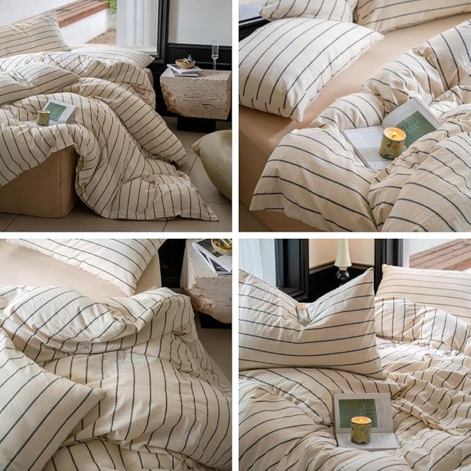 LifeTB Striped Comforter Set Full Size Grey Stripes Pattern Printed Comforter 3 Pieces Lightweight Boho Bedding Comforter Set for All Seasons Breathable Soft Fluffy Beige Comforter with 2 Pillowcases