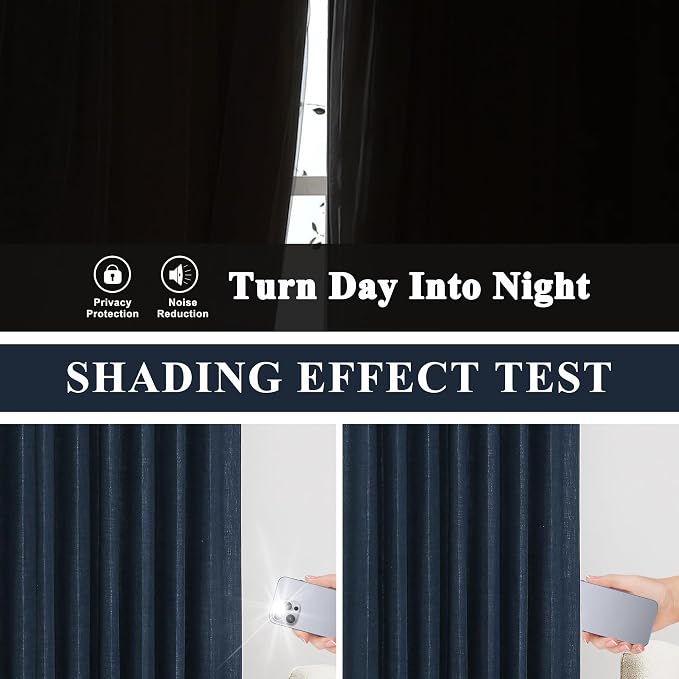 Vision Home Navy Blue Pinch Pleated Full Blackout Curtains Linen Blended Room Darkening Curtain Panels 72 inch for Living Room Bedroom Thermal Insulated Pinch Pleat Drapes with Hooks 40" Wx72 Lx2