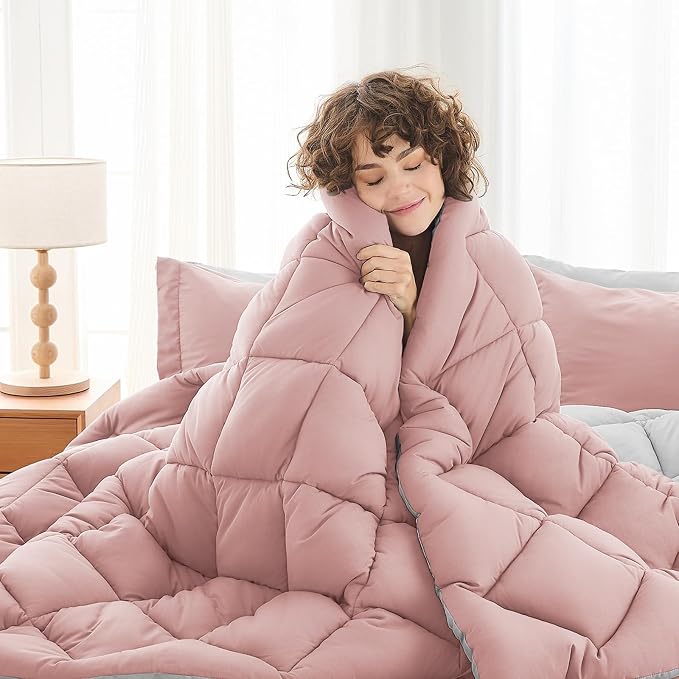 7 Pieces King Comforter Set, Reversible Bed in a Bag King Size, All Season Bedding Set with Comforter, Flat Sheet, Fitted Sheet, Pillowcases & Shams, Pink & Light Grey