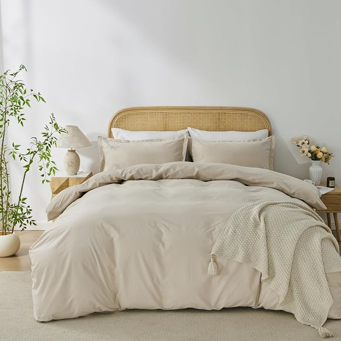 OAITE Duvet Cover Set 100% Washed Cotton Solid 3pcs | Soft,Durable,Long-staple Cotton,Hidden Zipper with 8 Interior Corner Ties,2 Pillowcases