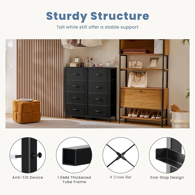 DUMOS Nightstand, Bedside Table with 4 Fabric Drawers | Night Stand with Removable Bins, Steel Frame Wood Top, Small Dresser for Bedroom Closet
