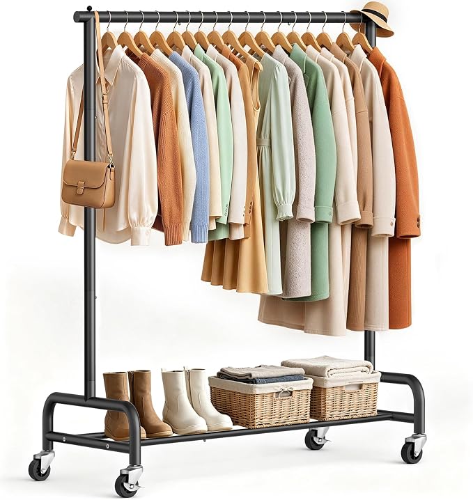 SLEEPING LAMB Heavy Duty Clothing Racks for Hanging Clothes Rack, 43" Wide Rolling Garment Rack Metal Clothing Hanger Rack with Wheels Wardrobe Rack for Coats, Shirts, Dress, (Black)