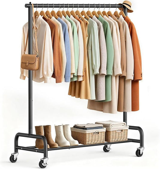 SLEEPING LAMB Heavy Duty Clothing Racks for Hanging Clothes Rack, 43" Wide Rolling Garment Rack Metal Clothing Hanger Rack with Wheels Wardrobe Rack for Coats, Shirts, Dress, (Black)