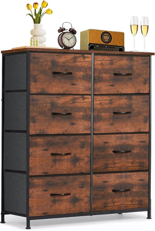 8-Drawer Dresser for Bedroom, Anti-Tip Tall Storage Organizer | Chest of Drawers with Wooden Top and Metal Frame Fabric Bins for Closet, Living Room, Hallway, Entryway, Brown