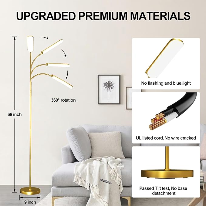 marctronic Gold Floor Lamp, 18W 1800LM Bright LED Floor Lamps for Living Room Bedroom, Dimmable Timing Eye Caring Reading Standing Lamp with Remote & Works with Smart Plug