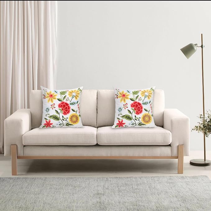 Pack of 2 Embroidered Decorative Throw Pillow Cover 18x18 Inch Farmhouse Floral Pillowcase for Living Room Sofa Bed (Boho Flower)