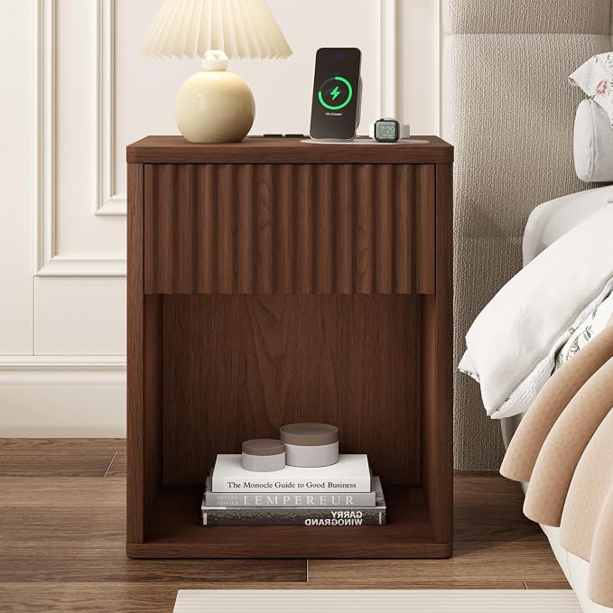 Fluted Nightstands Set of 2 w/Charging Station, Wooden End Table Bed Side Table with Curved Drawer, Mid Century Modern Fluted Night Stand with Rounded Edge for Bedroom, Living Room Sofa, Walnut