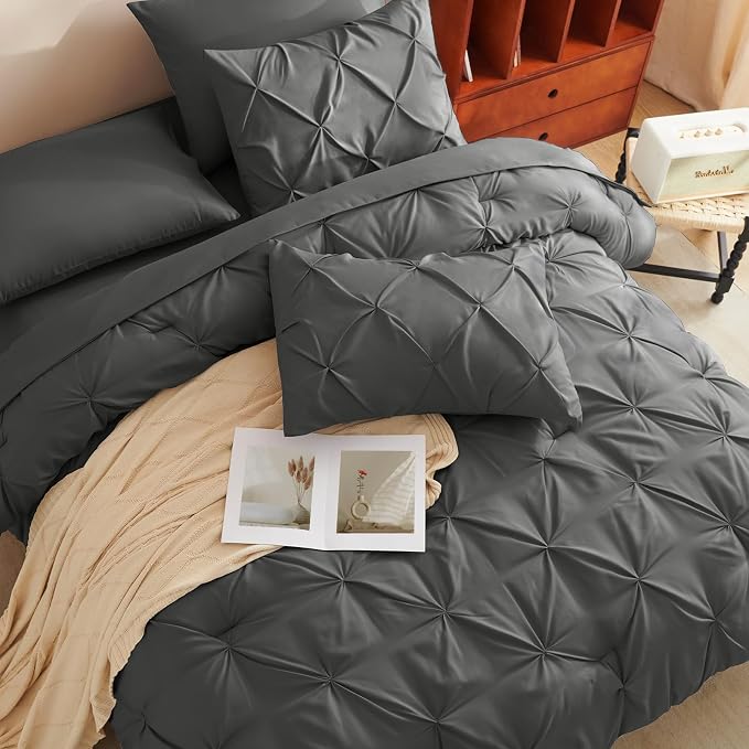 HIMEET Twin XL Comforter Set Dark Grey - 5 Pieces Pintuck Bed in a Bag | OEKO-TEX Certified, 240GSM Down Alternative Comforter, 14" Deep Pocket Fitted Sheet + Flat Sheet + 1 Pillowcase + 1 Sham