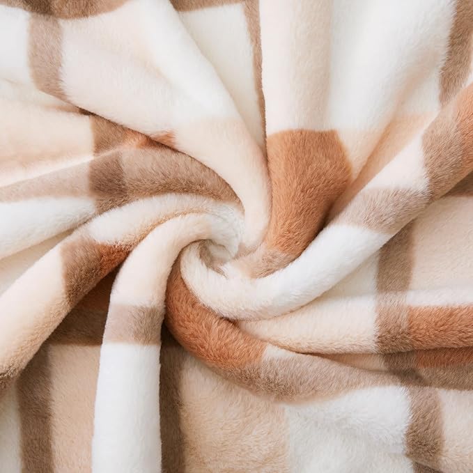 PU MEI Super Soft Faux Rabbit Fur Sherpa Fleece Throw Blanket, Reversible Luxury Cozy Cute Furry Blanket, Plush Warm Shaggy Fluffy Checkered Blankets for Sofa Couch Bed (Beige-Plaid, 80" x 90")