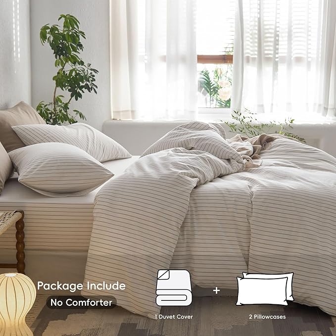 MooMee Striped Duvet Cover Set 100% Washed Cotton Linen Like | Relaxed Linen-like Texture. Soft, Breathable & Long-lasting Comfort. Lightweight. Hidden Zipper with 8 Interior Corner Ties