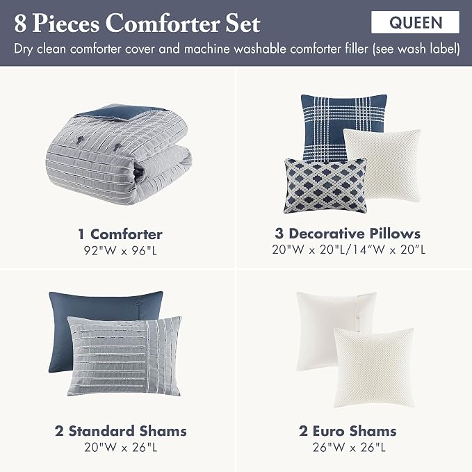 Madison Park Farmhouse Queen Cotton Comforter Set with Removable Cover, 8pc | Clipped Jacquard Stripes with Buttons Bedding Set, Boho, Oversized, Easy Care, Breathable, Cozy, All Season, Ultra Soft