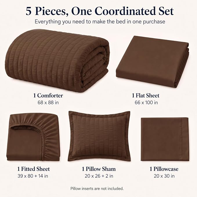 Twin XL Comforter Set, 5 Pieces Brown Seersucker Bed in a Bag | OEKO-TEX Certified, College Dorm Twin Extra Long, 240 GSM Down Alternative Comforter, Flat & Fitted Sheets, Pillowcase & Sham
