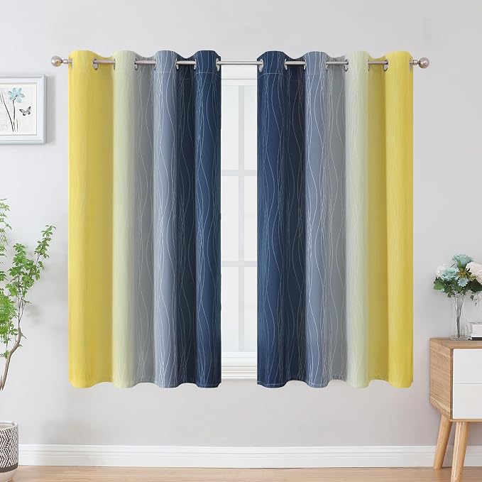 Navy Blue and Yellow Ombre Blackout Curtains for Bedroom 54 Inches Long | Estelar Textiler Room Darkening Curtains for Bathroom,Thermal Insulated,Light Blocking Grommet Window Drapes,52Wx54L,2 Panels