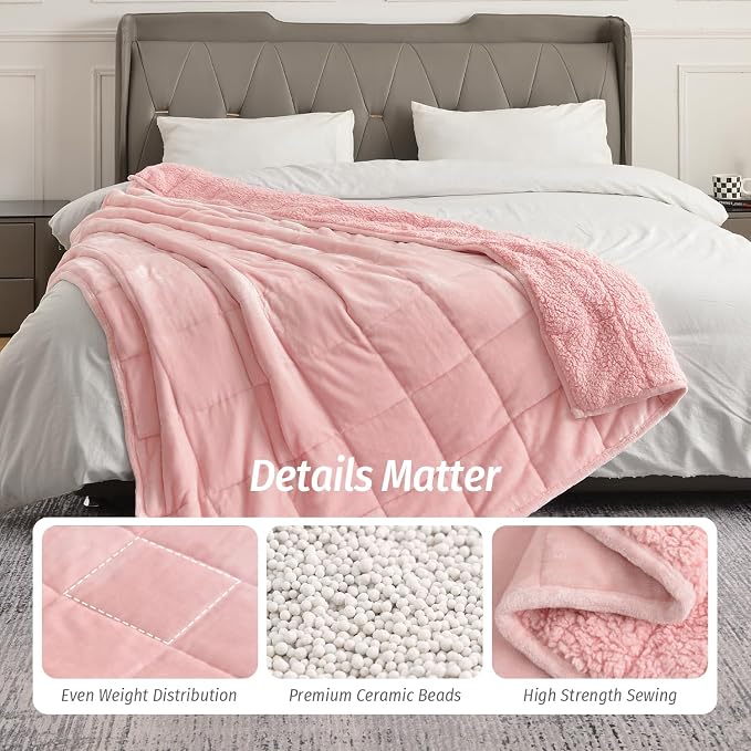 Sherpa Fleece Weighted Blanket for Adult 20 lbs Queen 60"x80" Pink | Better Sleep, Relax Body & Mind, Dual Sided Soft Fuzzy Heavy Throw Blankets, Plush Flannel Top, Chunky Fluffy, Warm Hug