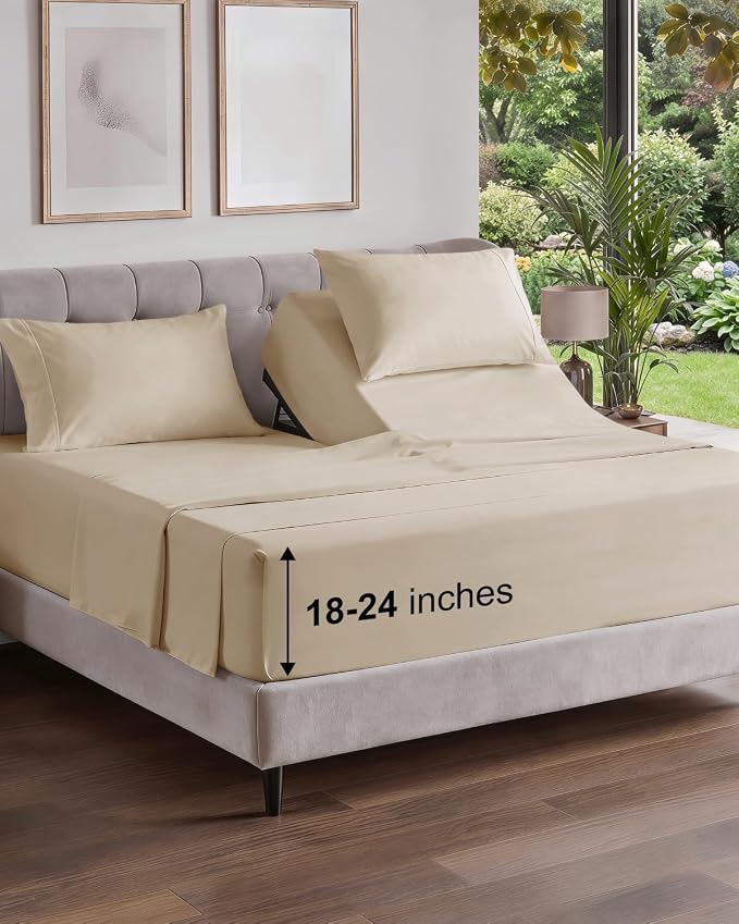 Flex Top Split Head King Sheet Set - 4 Piece Extra Deep Sheets - Cream | Easily Fits 18 to 24 inch Mattress, Ultra Soft, Wrinkle & Fade Free with Extra Deep Pockets, Comfy Hotel Luxury Bedding