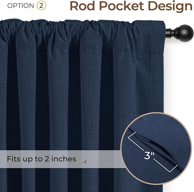INOVADAY 100% Blackout Linen Curtains for Bedroom 50x90 Midnight Blue | Linen Textured, Light Blocking, Room Darkening, Thermal Insulated, Back Tab Top, Window Curtains for Living Room, 2 Panels