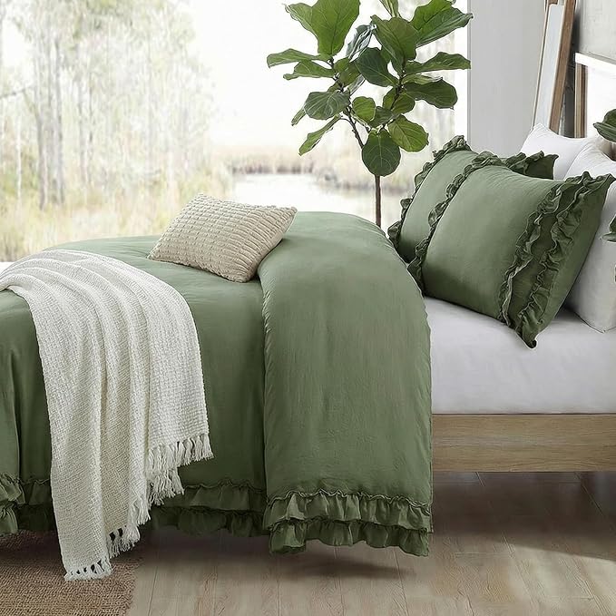 Avocado Green Duvet Cover King Ruffled Bedding Set Pleated Ruffle Fringe Shabby Chic Bedding Super Soft Cozy Boho Bedroom Bedding for All Season